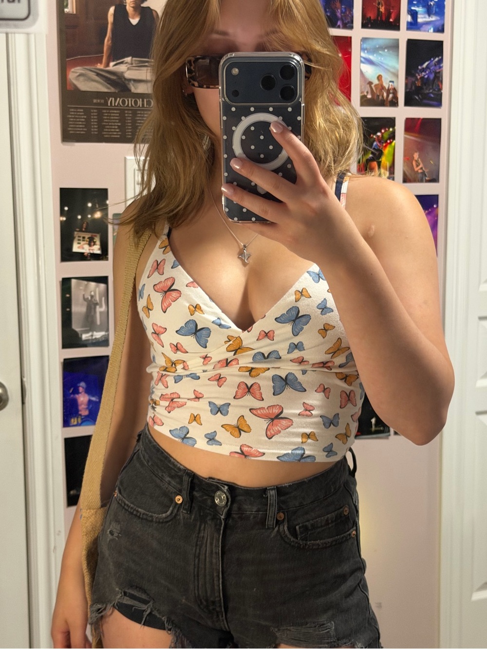 Hollister White Butterfly Print Cami with Pink, Blue & Orange Butterflies